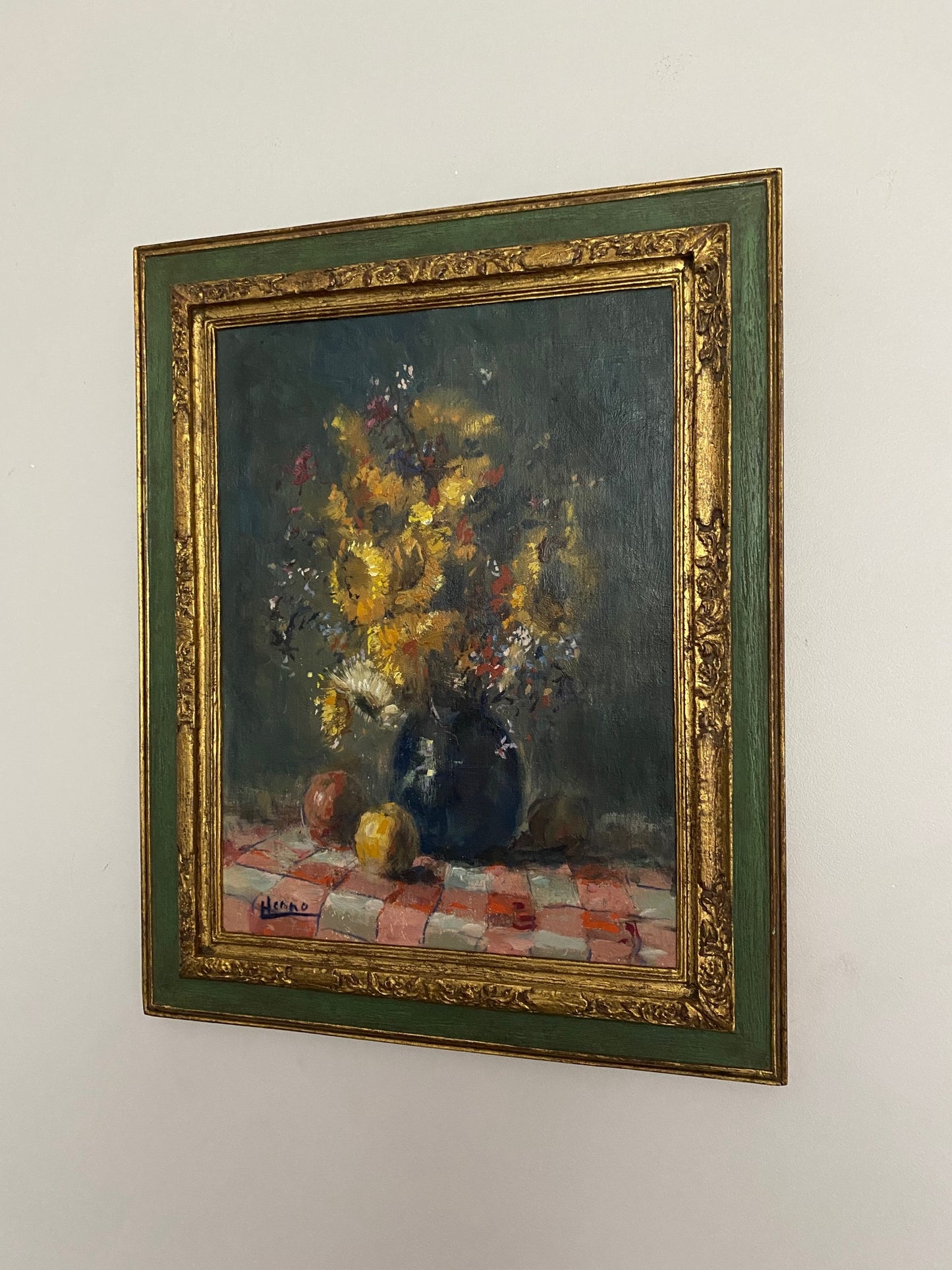 Green and Gilt Framed Oil Painting - Still Life with Florals and Fruit