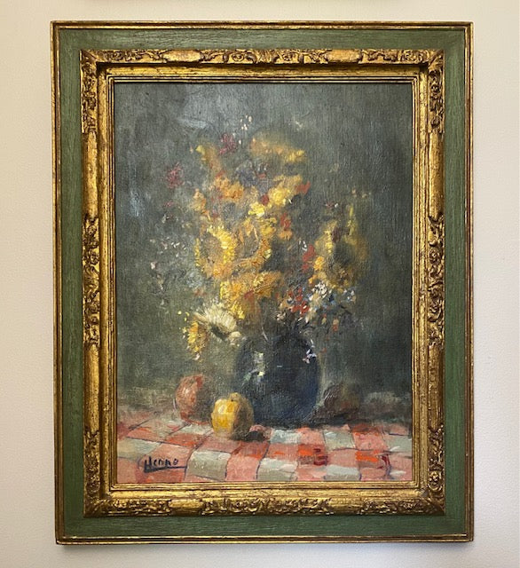 Green and Gilt Framed Oil Painting - Still Life with Florals and Fruit