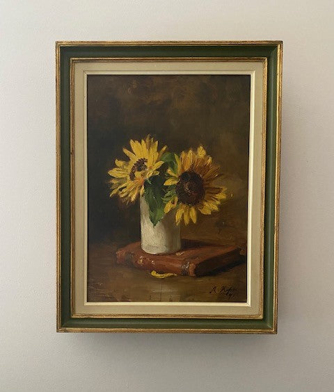 A Book and Sunflowers in a Pot - Oil Painting Framed