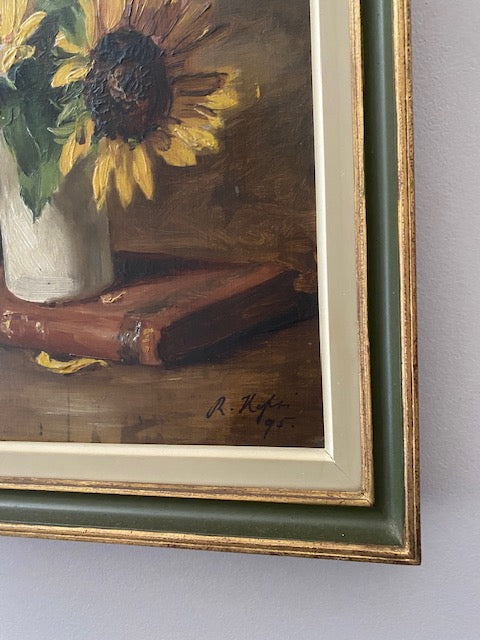 A Book and Sunflowers in a Pot - Oil Painting Framed