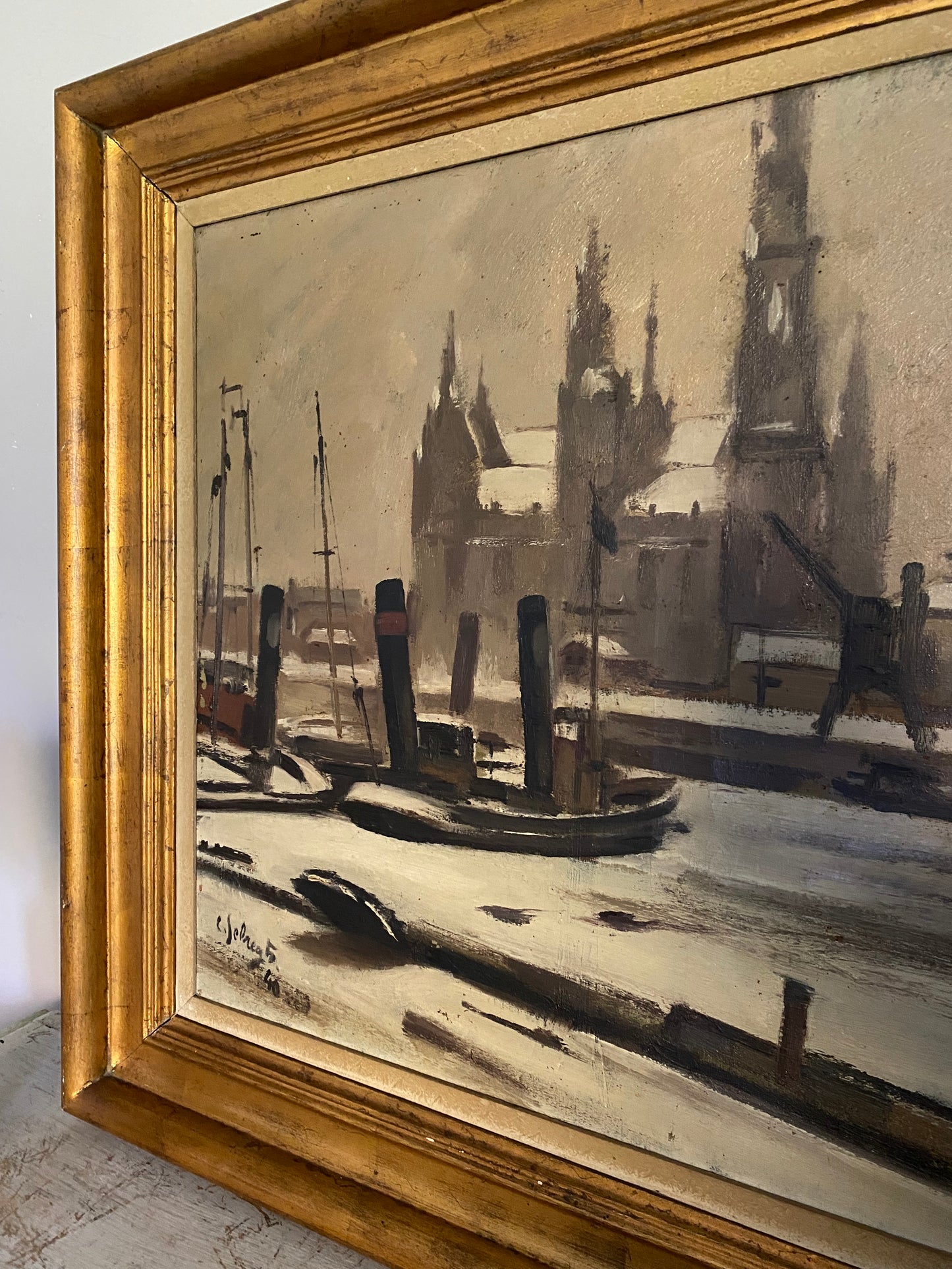 1940 Winter Harbour Oil Painting on Canvas