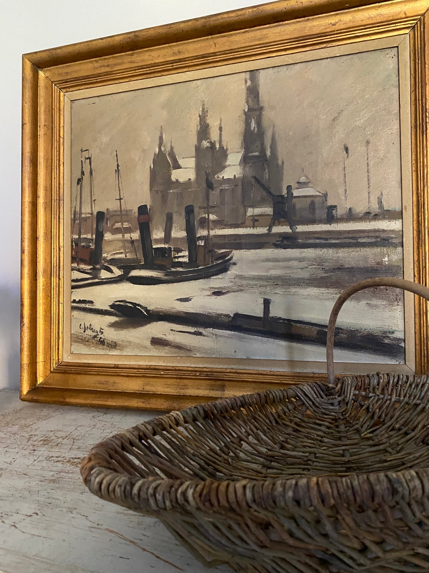 1940 Winter Harbour Oil Painting on Canvas