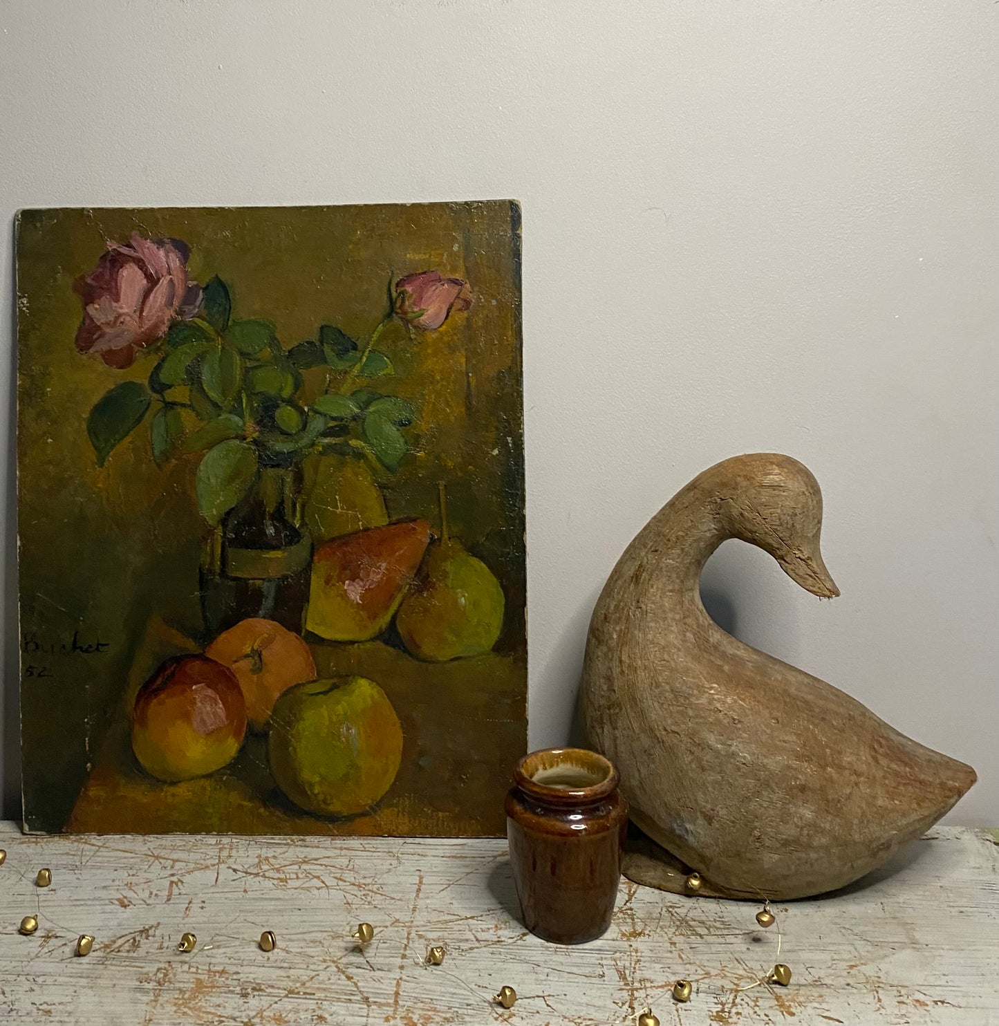 1952 Still Life Fruit and Floral Oil Painting