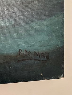 Floral Oil Painting on Canvas - Teal Vase Signed A. De Man