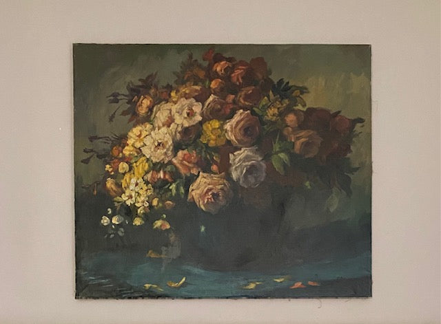 Floral Oil Painting on Canvas - Teal Vase Signed A. De Man