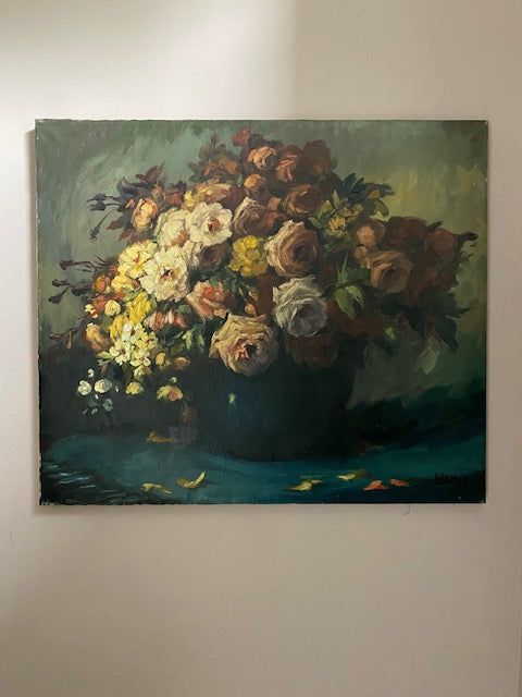 Floral Oil Painting on Canvas - Teal Vase Signed A. De Man