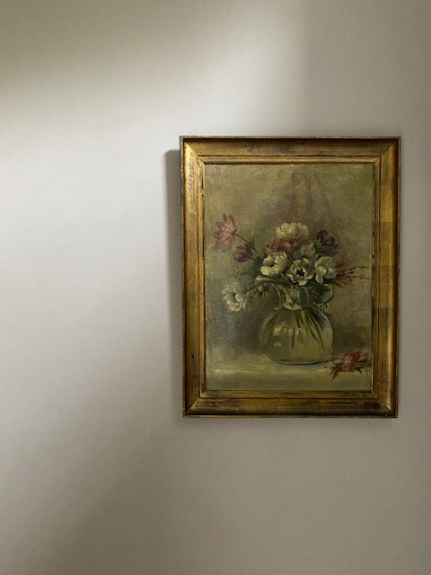 Anemones on Board Oil Painting Framed Antique