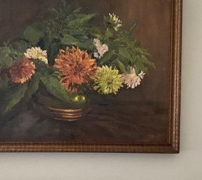 Autumnal Belgian Oil Painting - Dahlias Framed