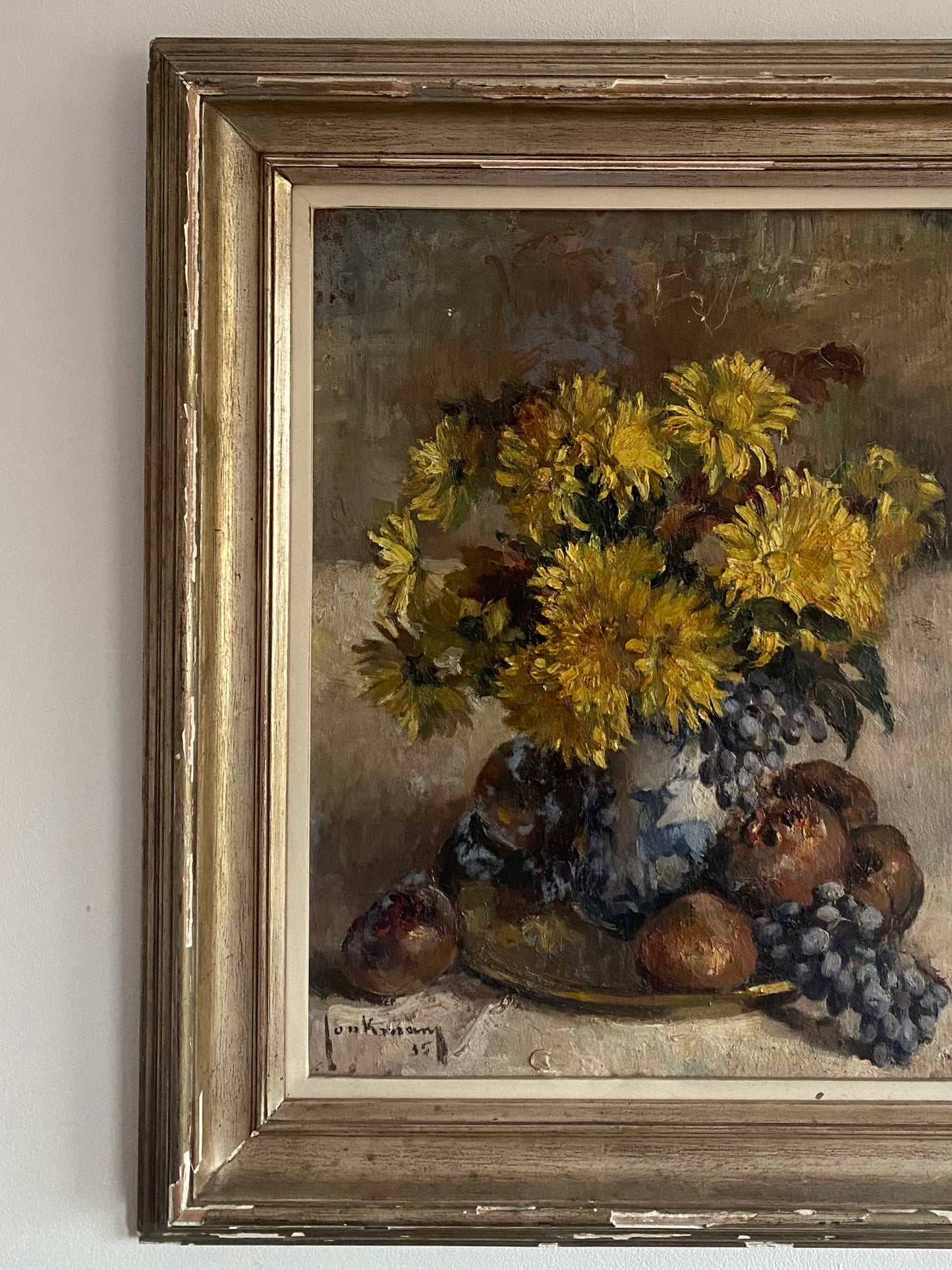 1935 French Floral Oil Painting on Canvas
