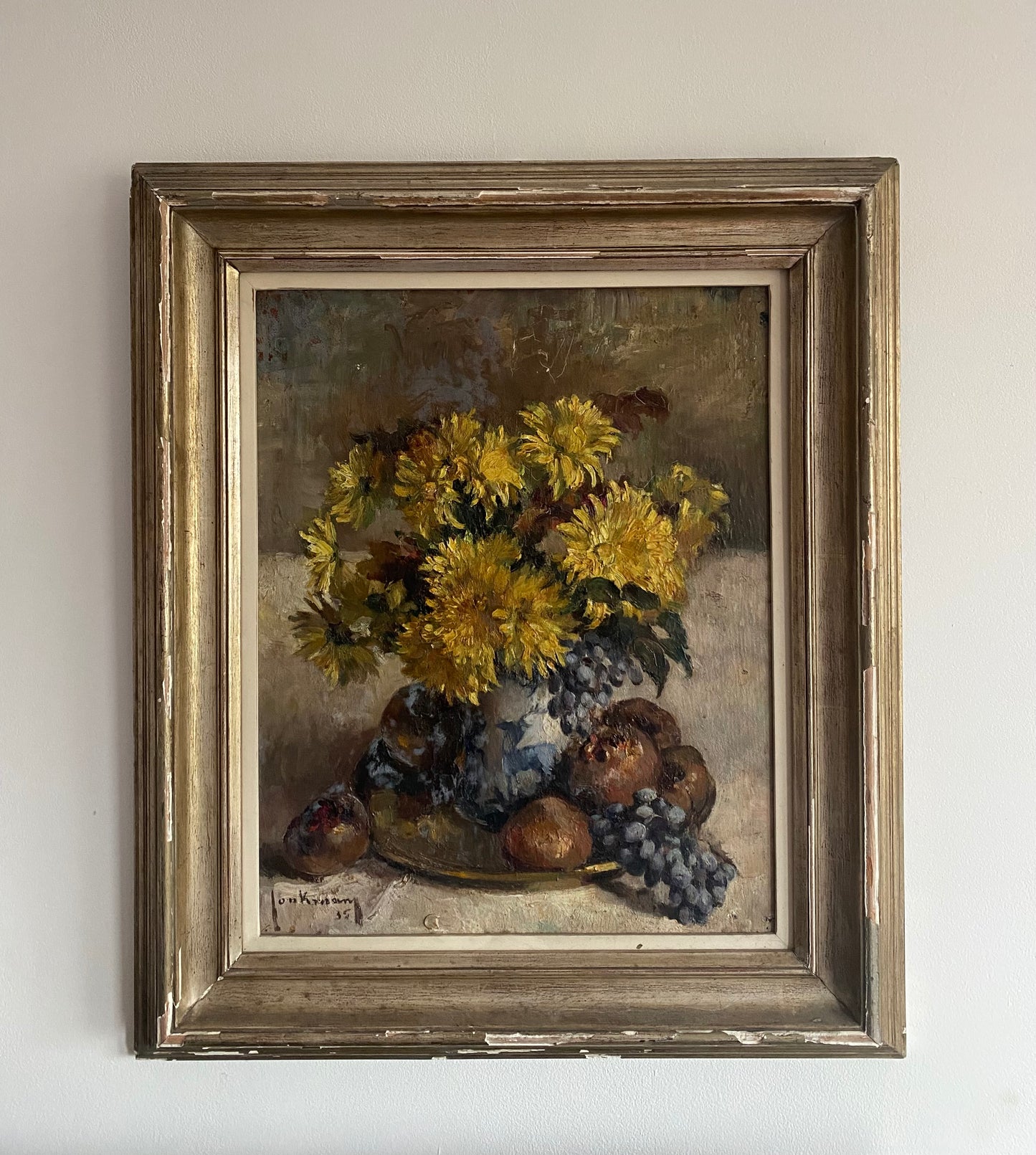 1935 French Floral Oil Painting on Canvas