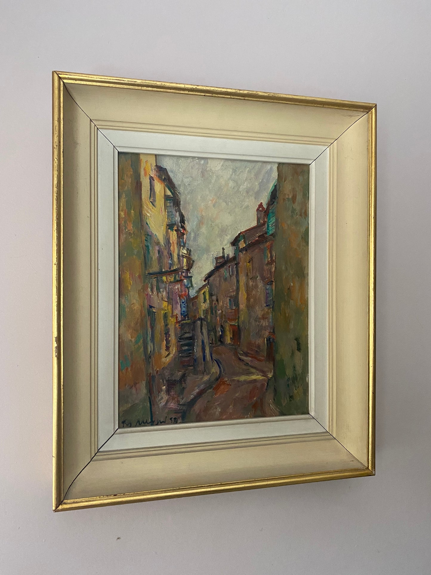 Mid Century Street Scene Oil Painting 1958