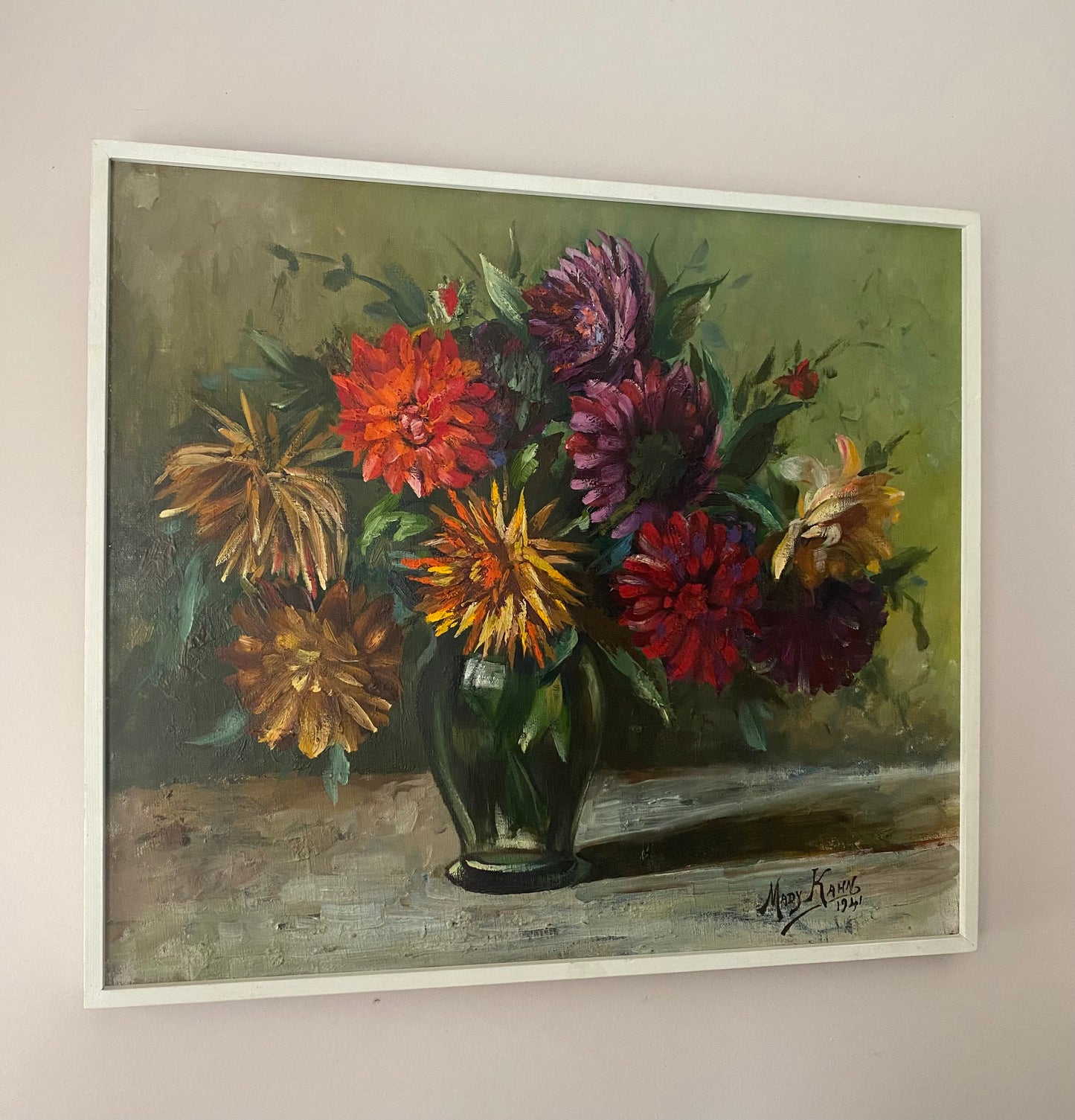 Mid Century Vibrant Floral Oil Painting on Canvas 1941