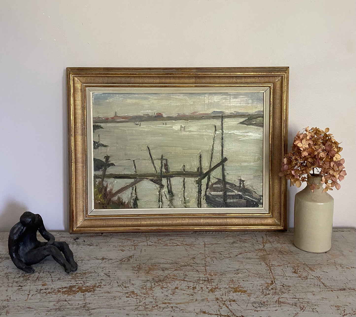 1957 Mid Century View across the Channel Oil Painting on Canvas