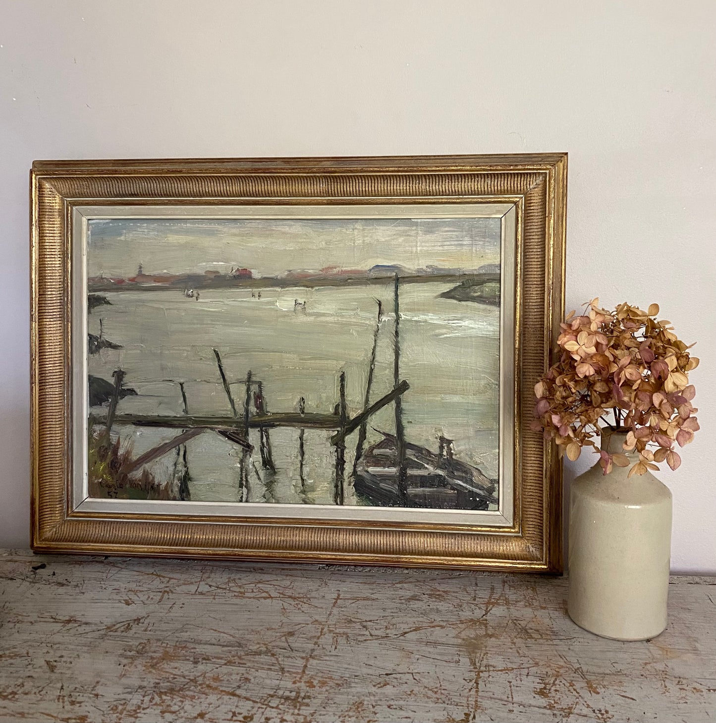 1957 Mid Century View across the Channel Oil Painting on Canvas