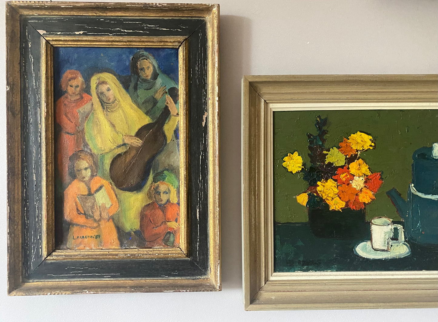Mid Century Oil Painting on Canvas Coffee Morning