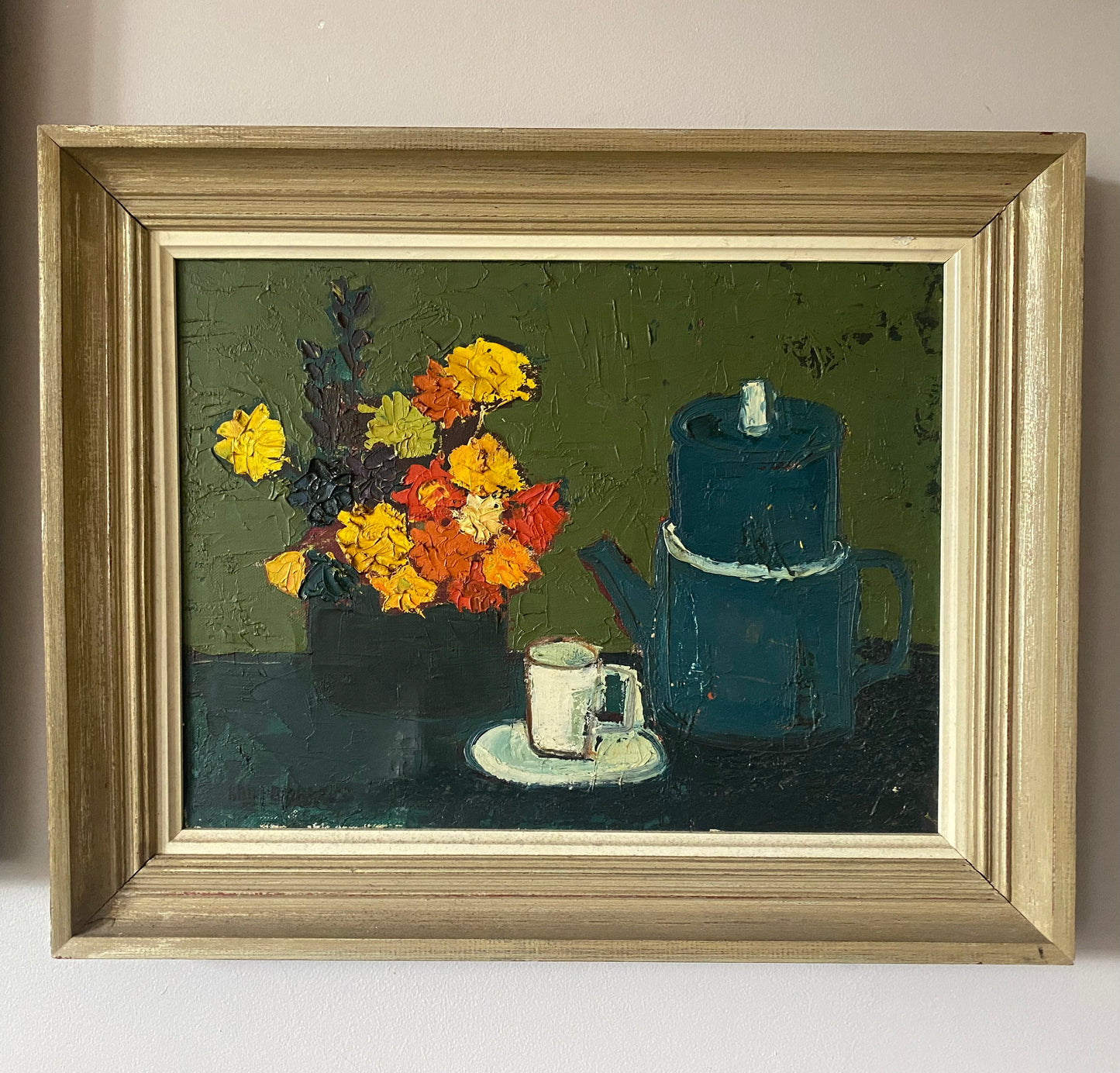 Mid Century Oil Painting on Canvas Coffee Morning