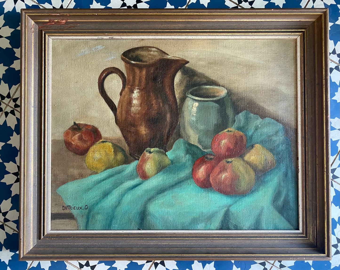 Mid Century Apples and Jug Oil Painting
