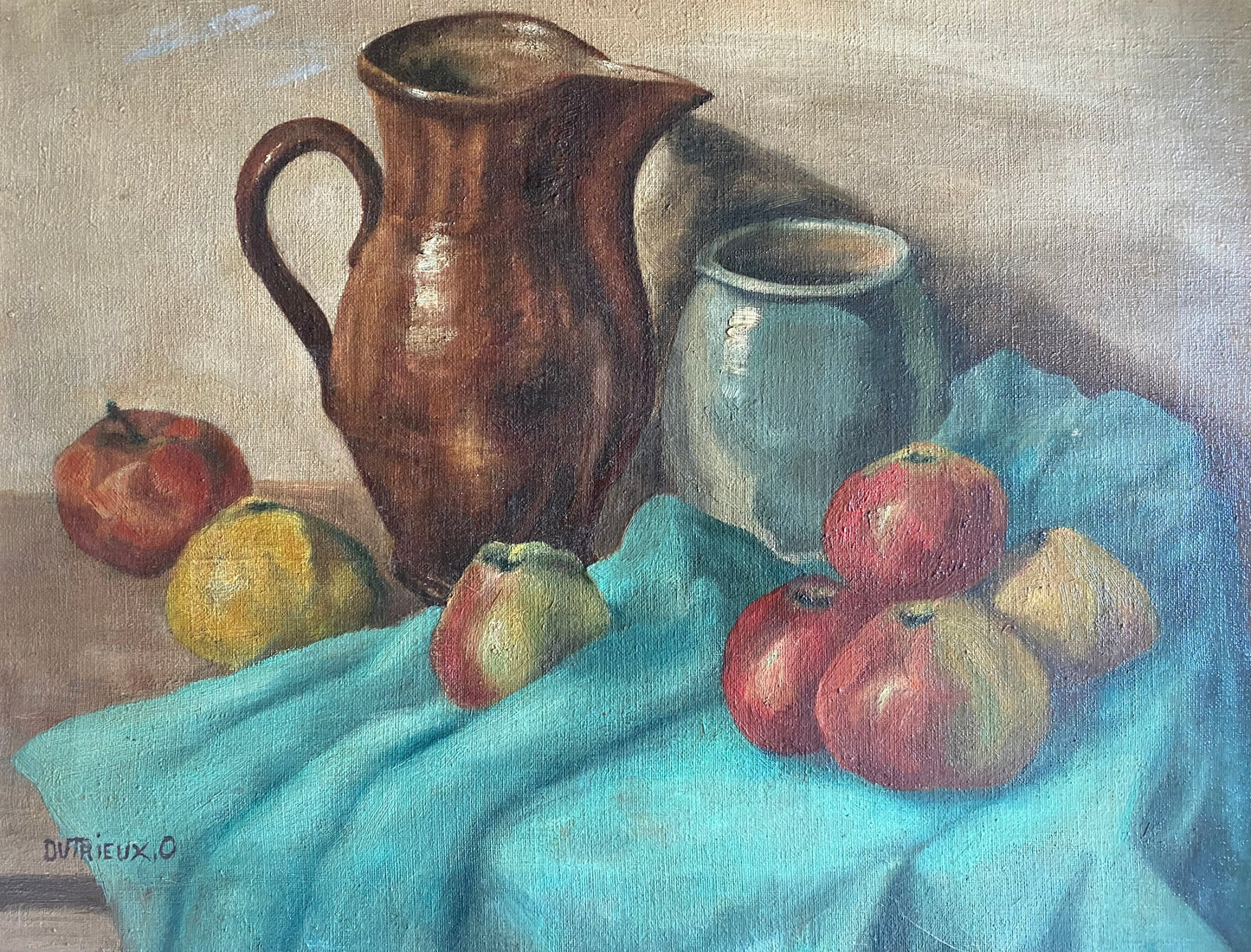Mid Century Apples and Jug Oil Painting