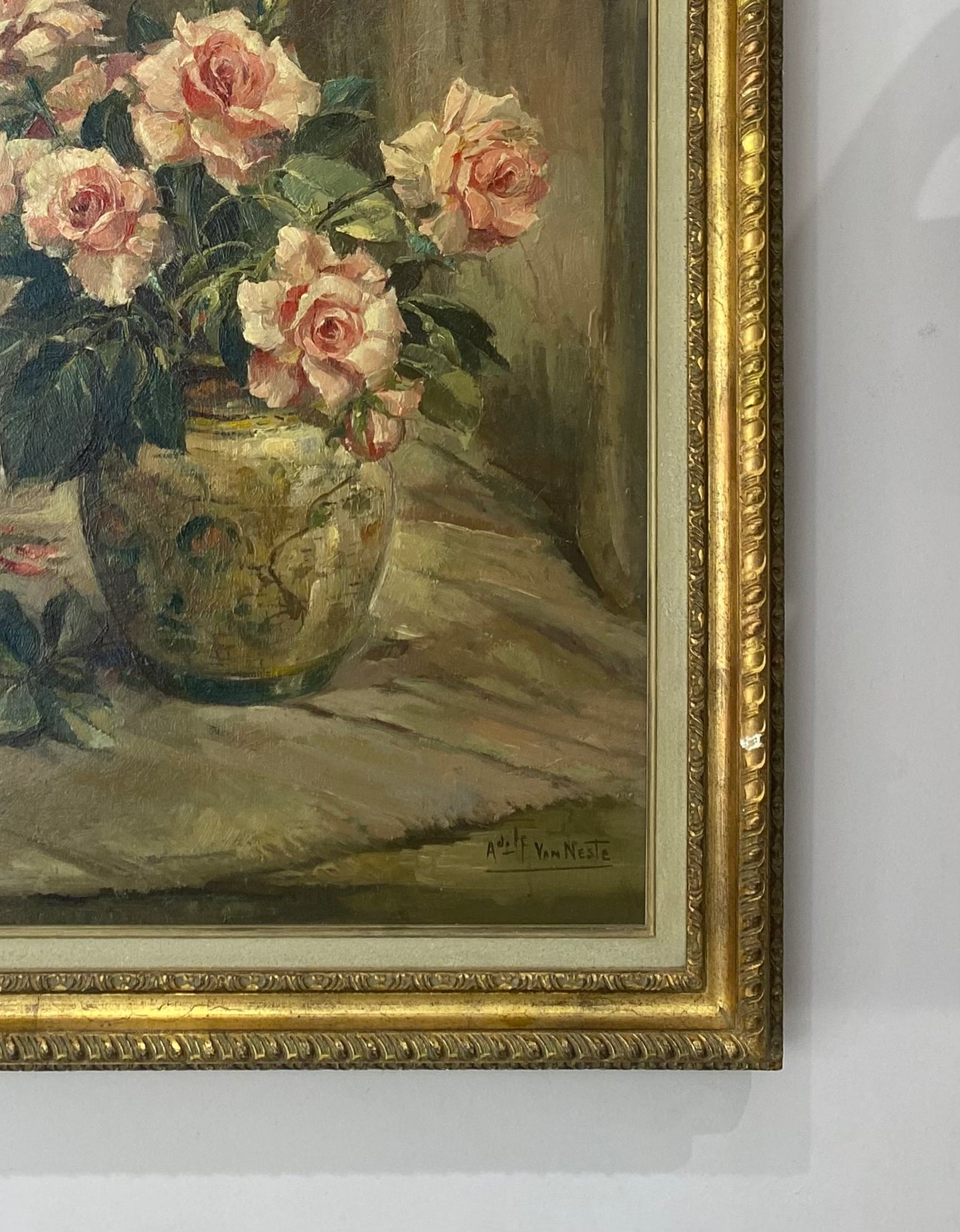 Adolf van Neste Stunning Roses Centrepiece Oil Painting on Canvas