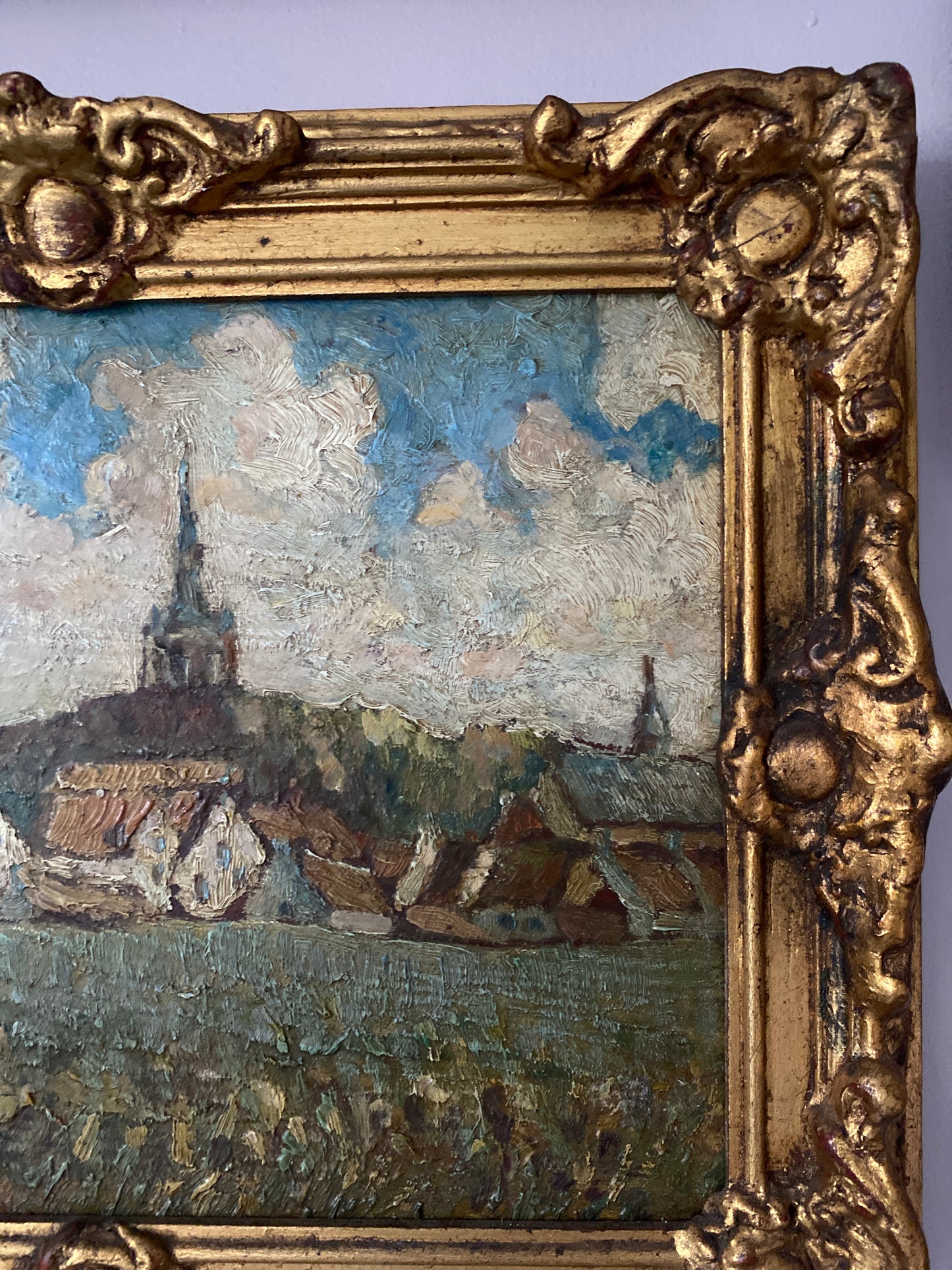 The Village Oil Painting in Gilt Frame
