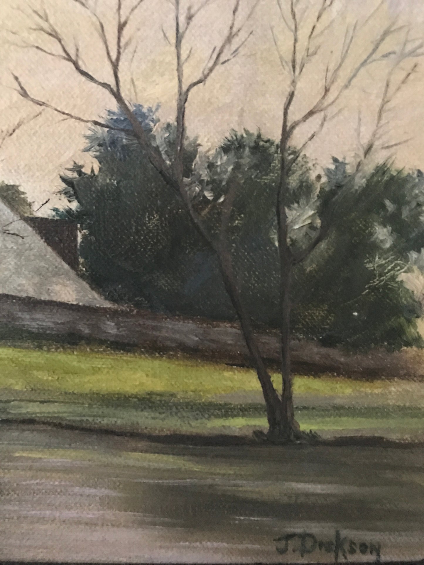 Oil on Canvas - Village and Lake Scene by J Dickson