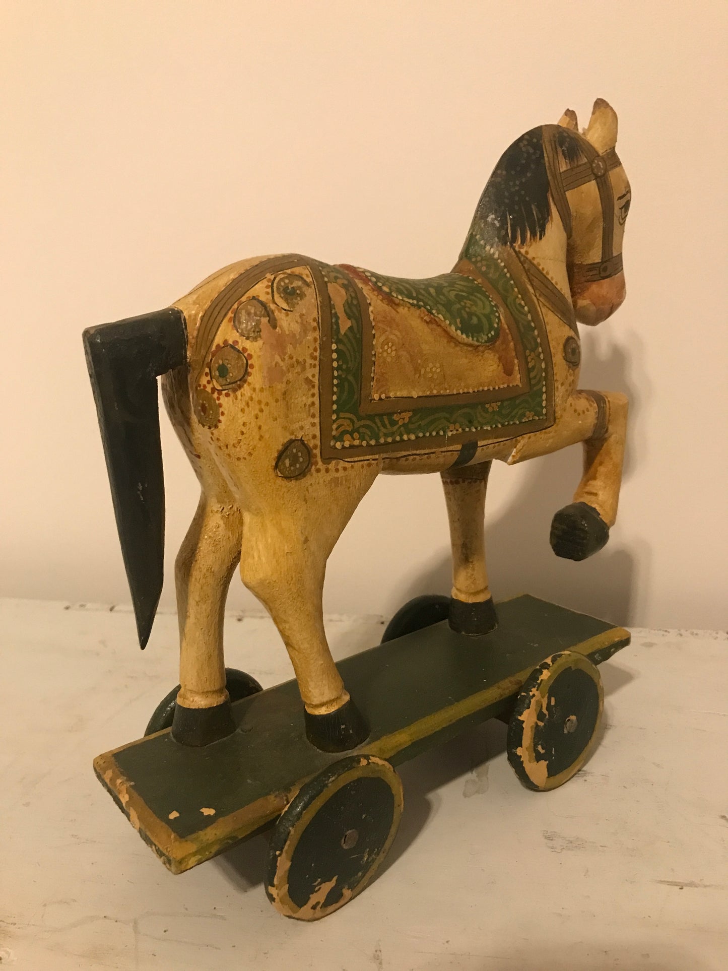 Antique Rare and Beautiful Hand Carved Horse on Wheels