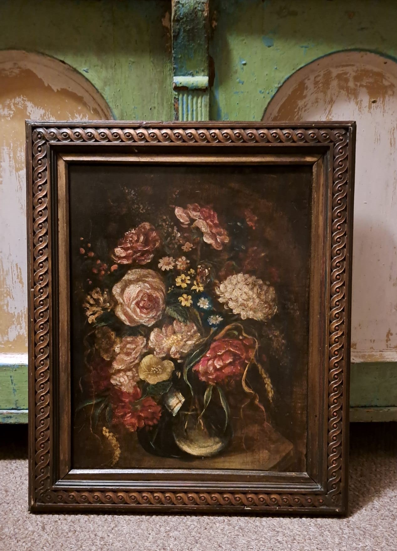 Flowers in a Glass Vase Oil Painting on Board - Framed