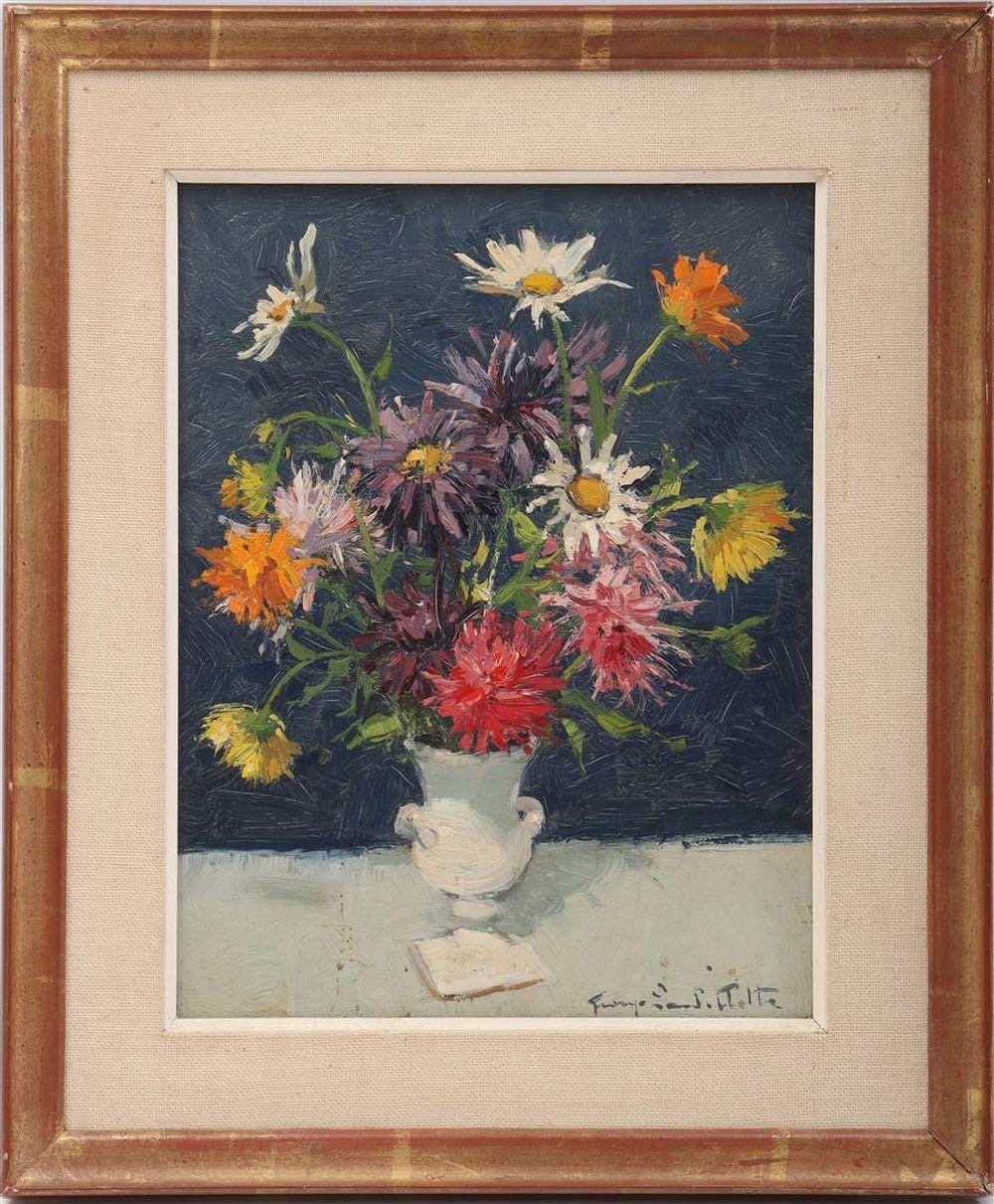 George Lambillotte Bright Flowers in Vase Oil Painting - Framed