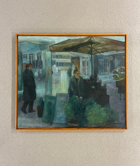 Mid Century Flower Stall Oil Painting