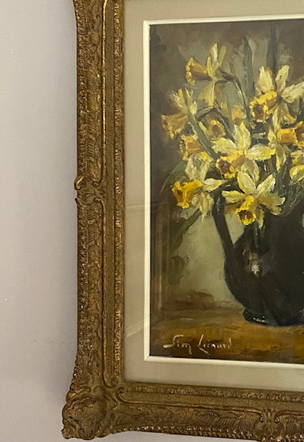 SALE - Belgian Artist Simone Lienard (1912-1988) Daffodils in a Jug Oil Painting Glazed and Framed