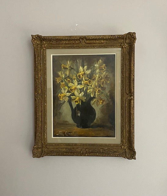 SALE - Belgian Artist Simone Lienard (1912-1988) Daffodils in a Jug Oil Painting Glazed and Framed