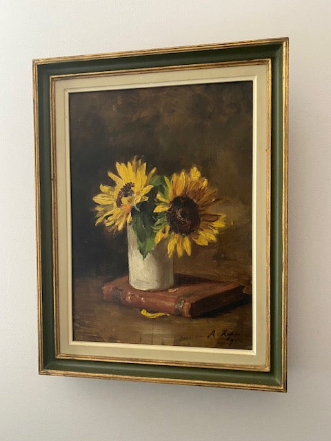 A Book and Sunflowers in a Pot - Oil Painting Framed