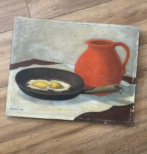 Eggs and a Red Jug - Oil Painting on Board - French Artist J. Dubois 1939