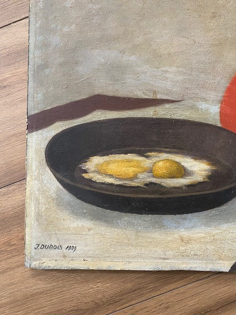 Eggs and a Red Jug - Oil Painting on Board - French Artist J. Dubois 1939