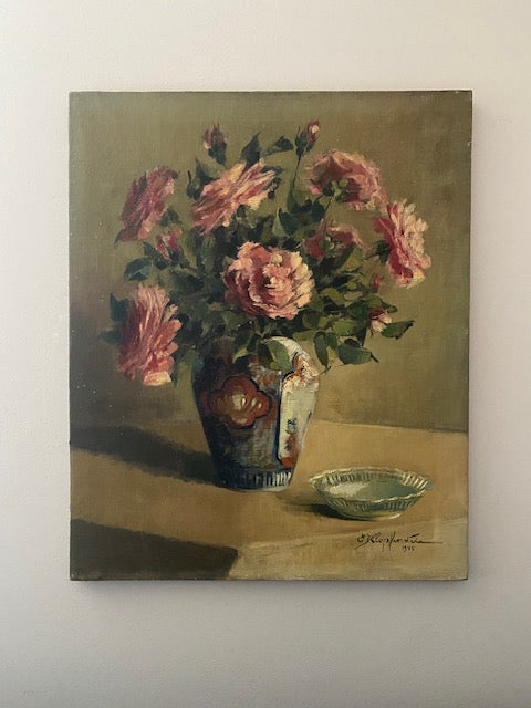 Belgian Oil Painting on Canvas - Pink Roses in an Ornate Vase with Bowl 1945