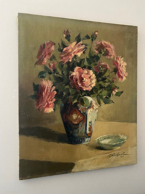 Belgian Oil Painting on Canvas - Pink Roses in an Ornate Vase with Bowl 1945