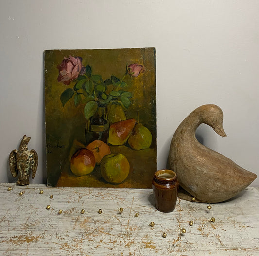 1952 Still Life Fruit and Floral Oil Painting