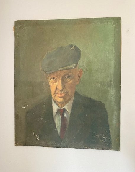 French Oil Painting on Canvas - Old Gentleman in Cap Portrait 1962