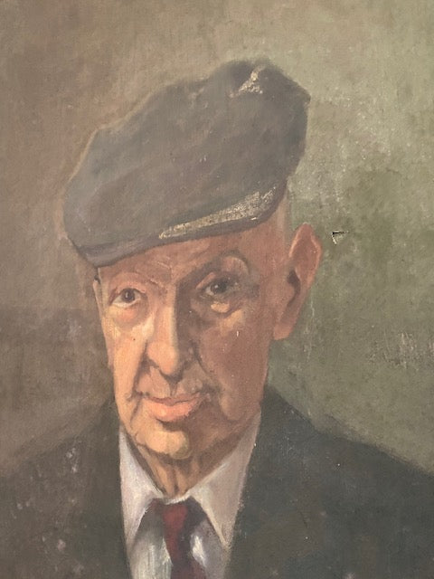 French Oil Painting on Canvas - Old Gentleman in Cap Portrait 1962