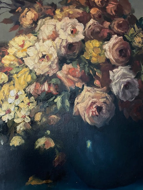 Floral Oil Painting on Canvas - Teal Vase Signed A. De Man