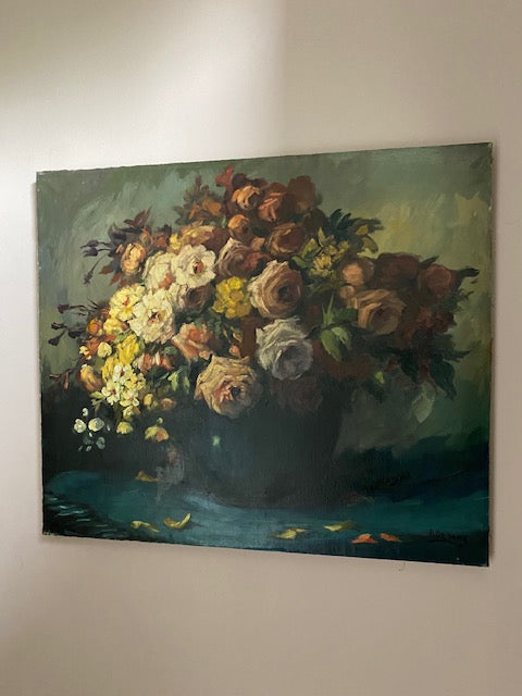 Floral Oil Painting on Canvas - Teal Vase Signed A. De Man