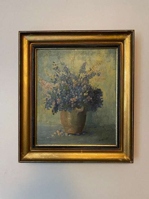 Blue Lilac Floral Oil Painting on Board Framed