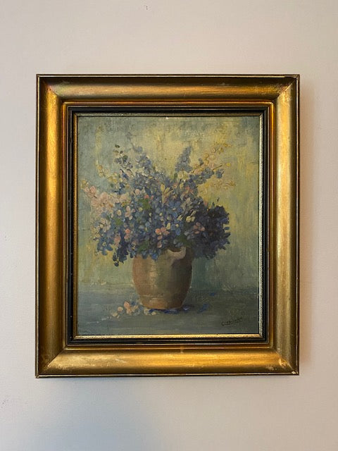 Blue Lilac Floral Oil Painting on Board Framed