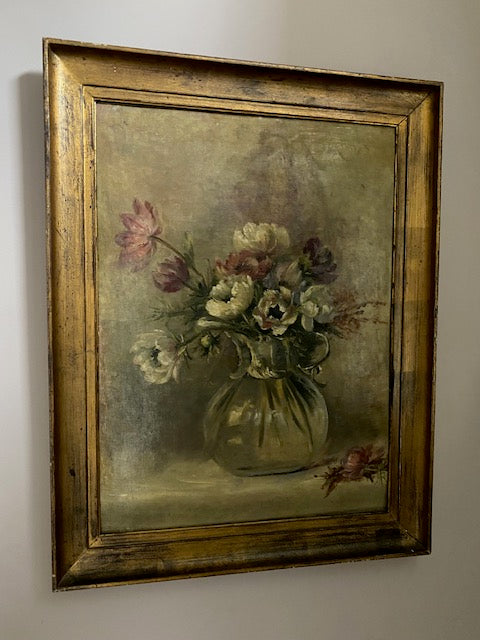 Anemones on Board Oil Painting Framed Antique