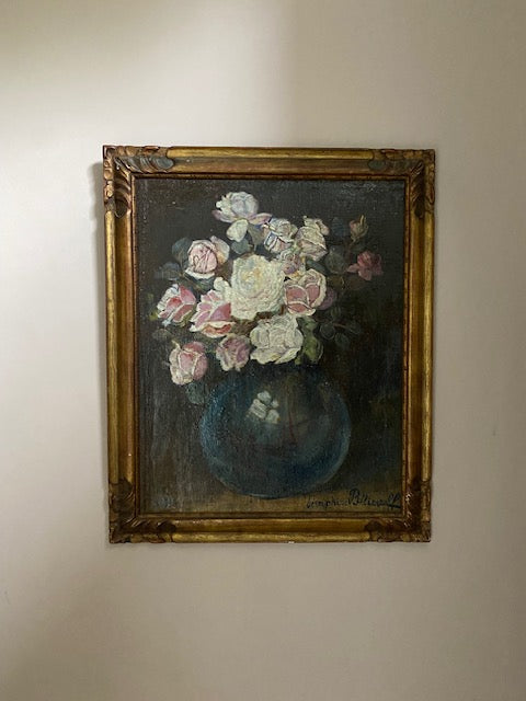 Pale White Roses in Blue Vase Oil Painting Decorative Gilt Antique Frame