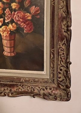 Pink Roses Belgian Oil Painting Decorative Antique Frame