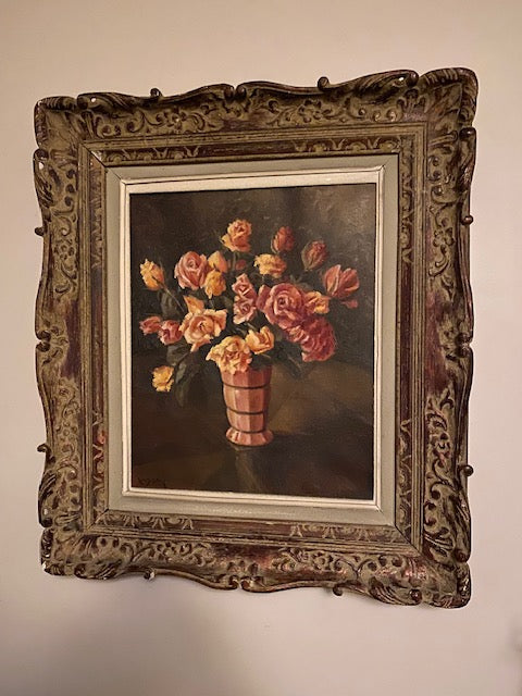 Pink Roses Belgian Oil Painting Decorative Antique Frame