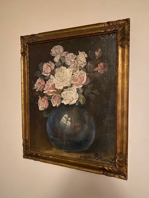 Pale White Roses in Blue Vase Oil Painting Decorative Gilt Antique Frame