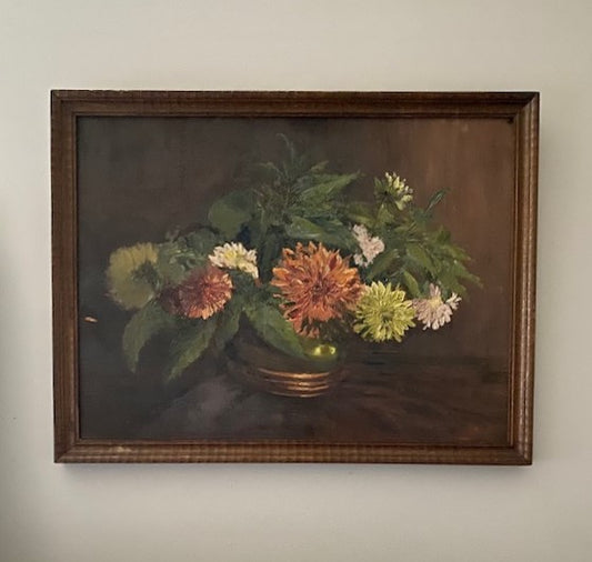 Autumnal Belgian Oil Painting - Dahlias Framed