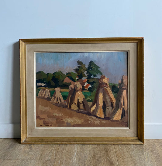 Mid Century Oil Painting Haystacks 1956